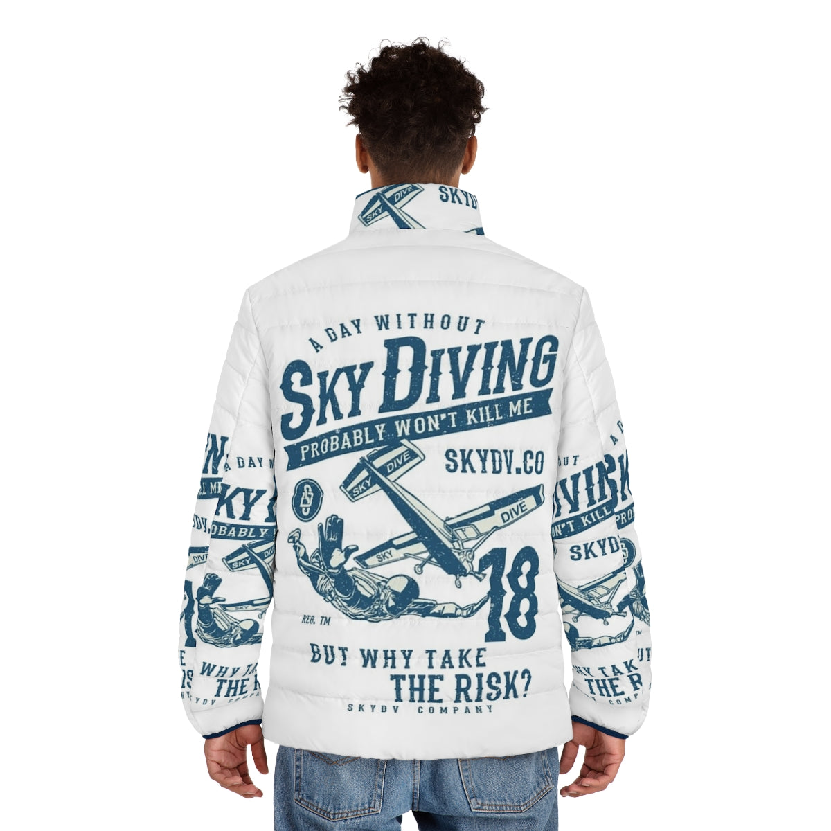 Skydiver Skydiving Puffer Jacket with Ironic Humor Saying - men back