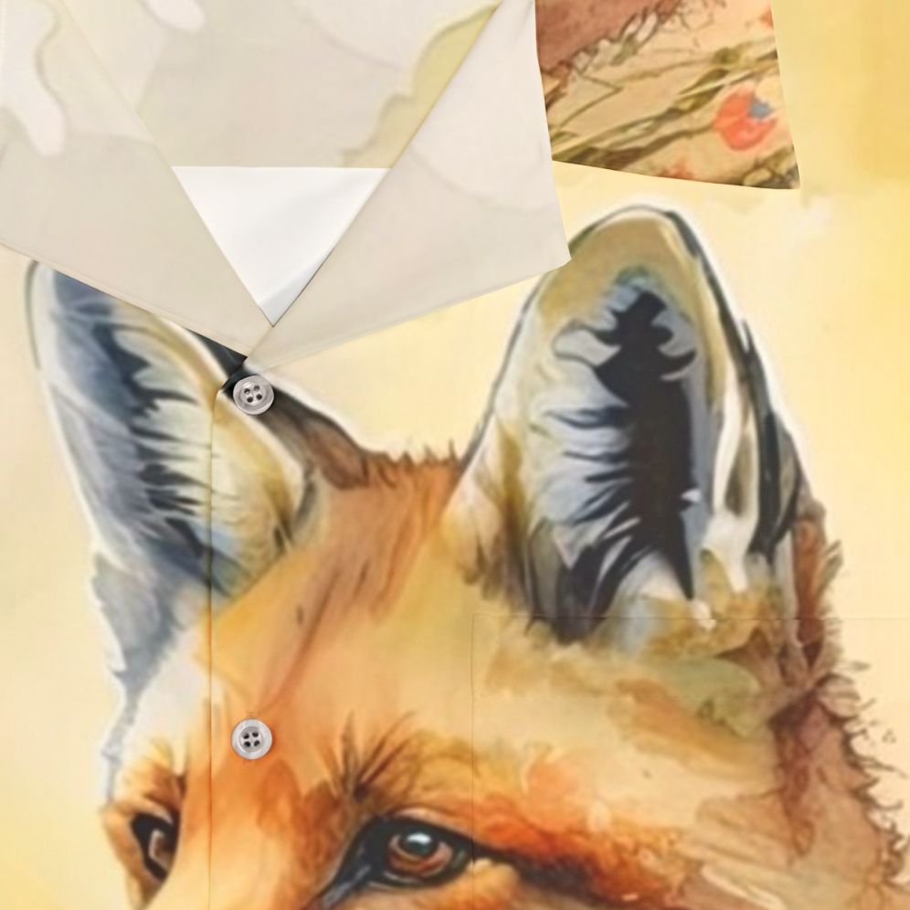 Colorful watercolor illustration of a red fox cub amidst spring flowers on a Hawaiian shirt - Detail