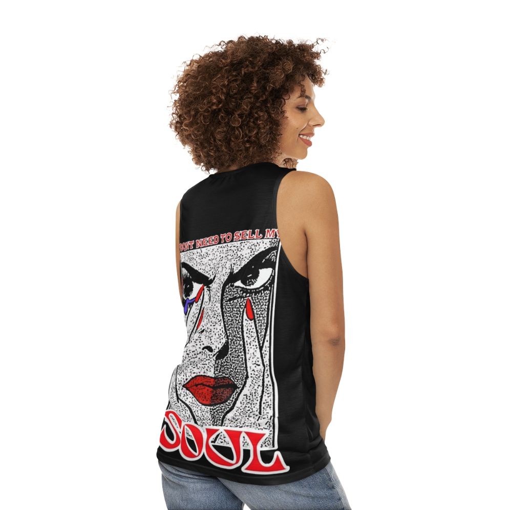 Unisex tank top with "I Don't Need to Sell My Soul" quote - women back