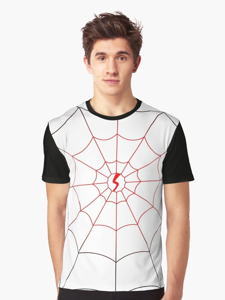 Silk (Cindy Moon) character from the Spider-Verse, wearing a superhero costume on a graphic t-shirt - Men