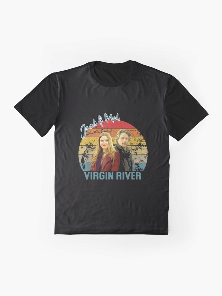 Graphic t-shirt with a sunset over the Virgin River, the home of Jack's Bar - Flat lay