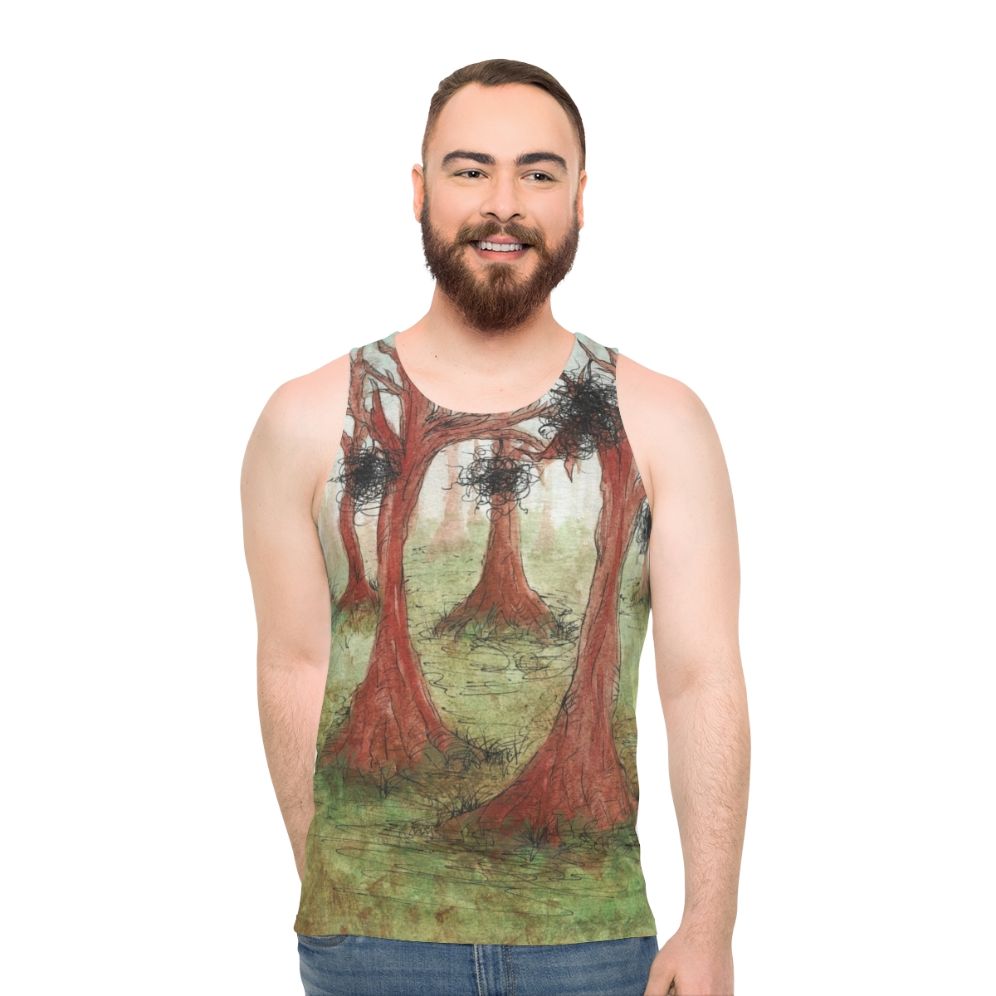 Whimsical abstract watercolor forest landscape unisex tank top - men