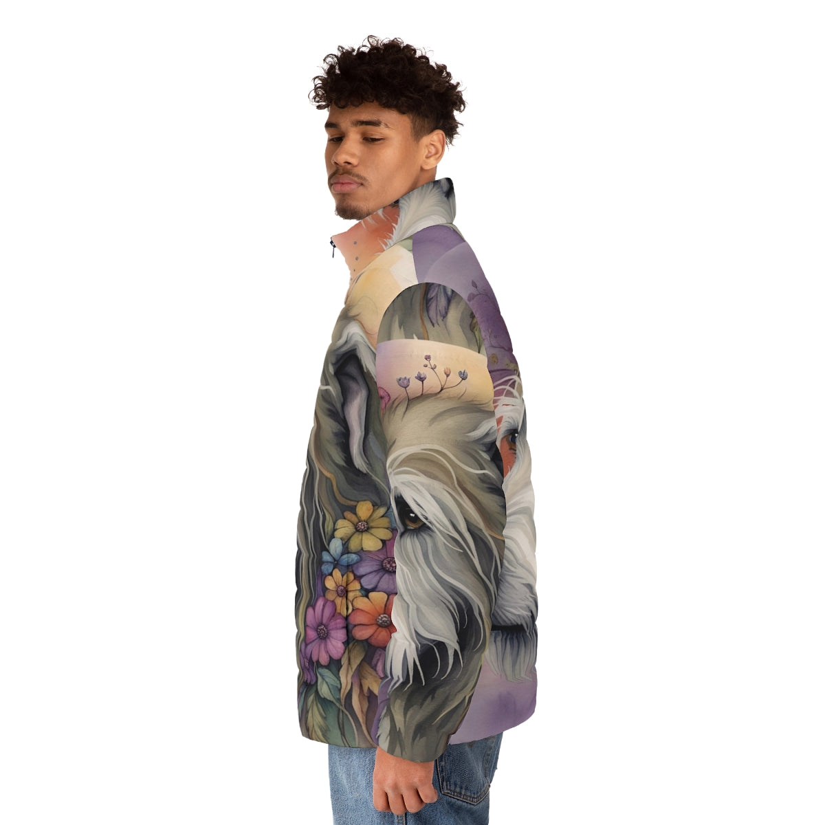 Watercolor-inspired puffer jacket featuring a cute Irish Wolfhound design - men side left