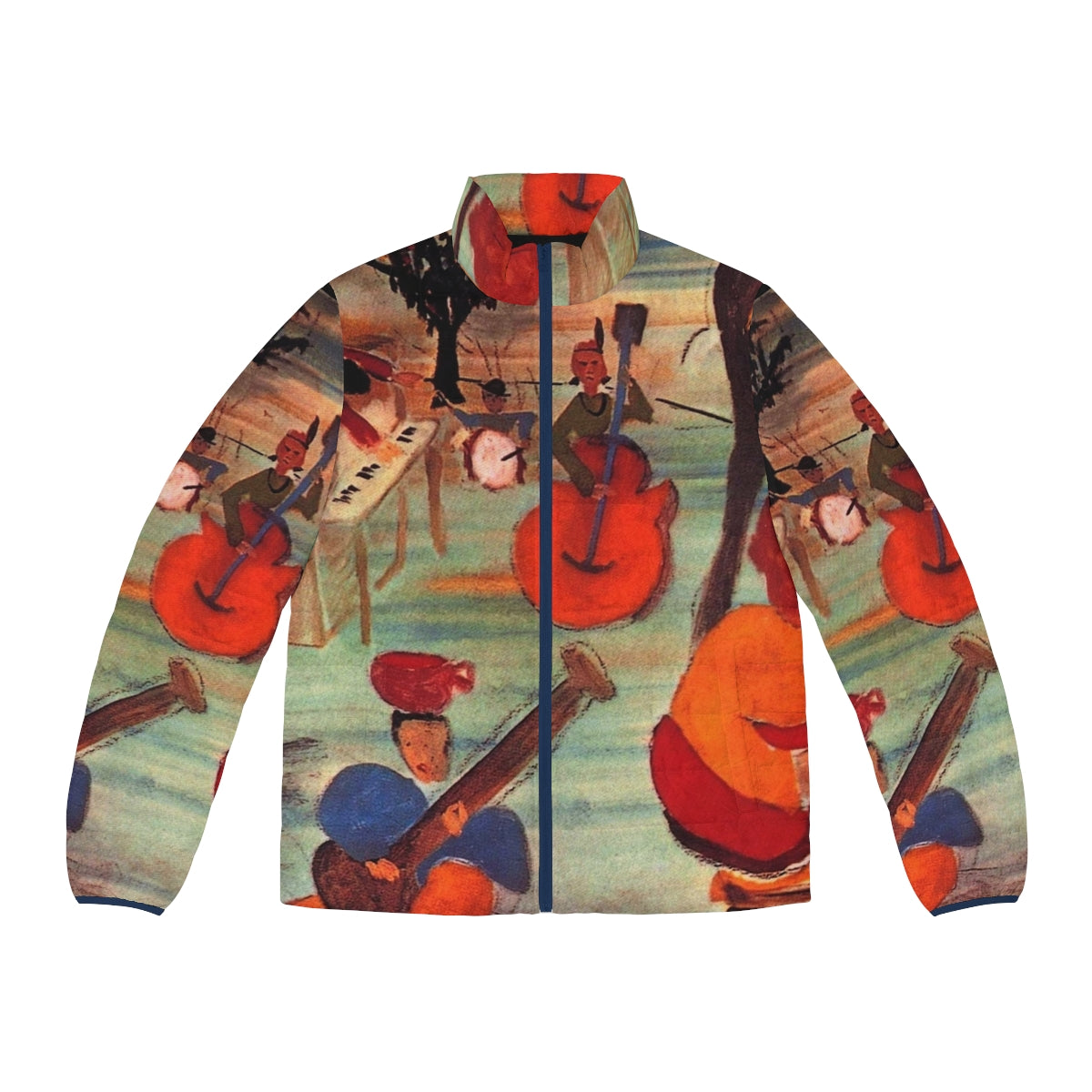 Puffer jacket featuring the iconic album cover art of 'Music From Big Pink' by the legendary rock band