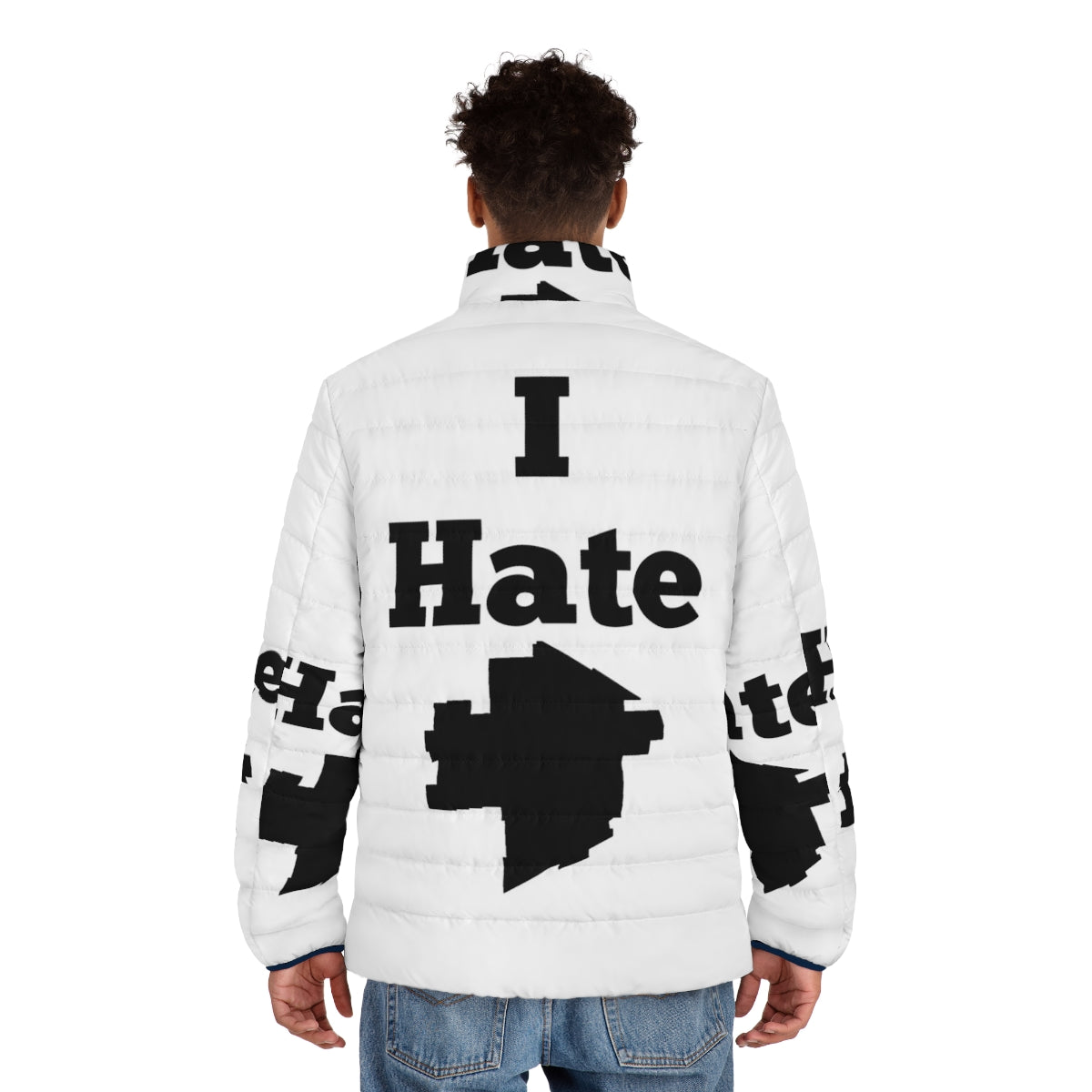 "I Hate Winnipeg" puffer jacket with Manitoba and Weakerthans inspired design - men back