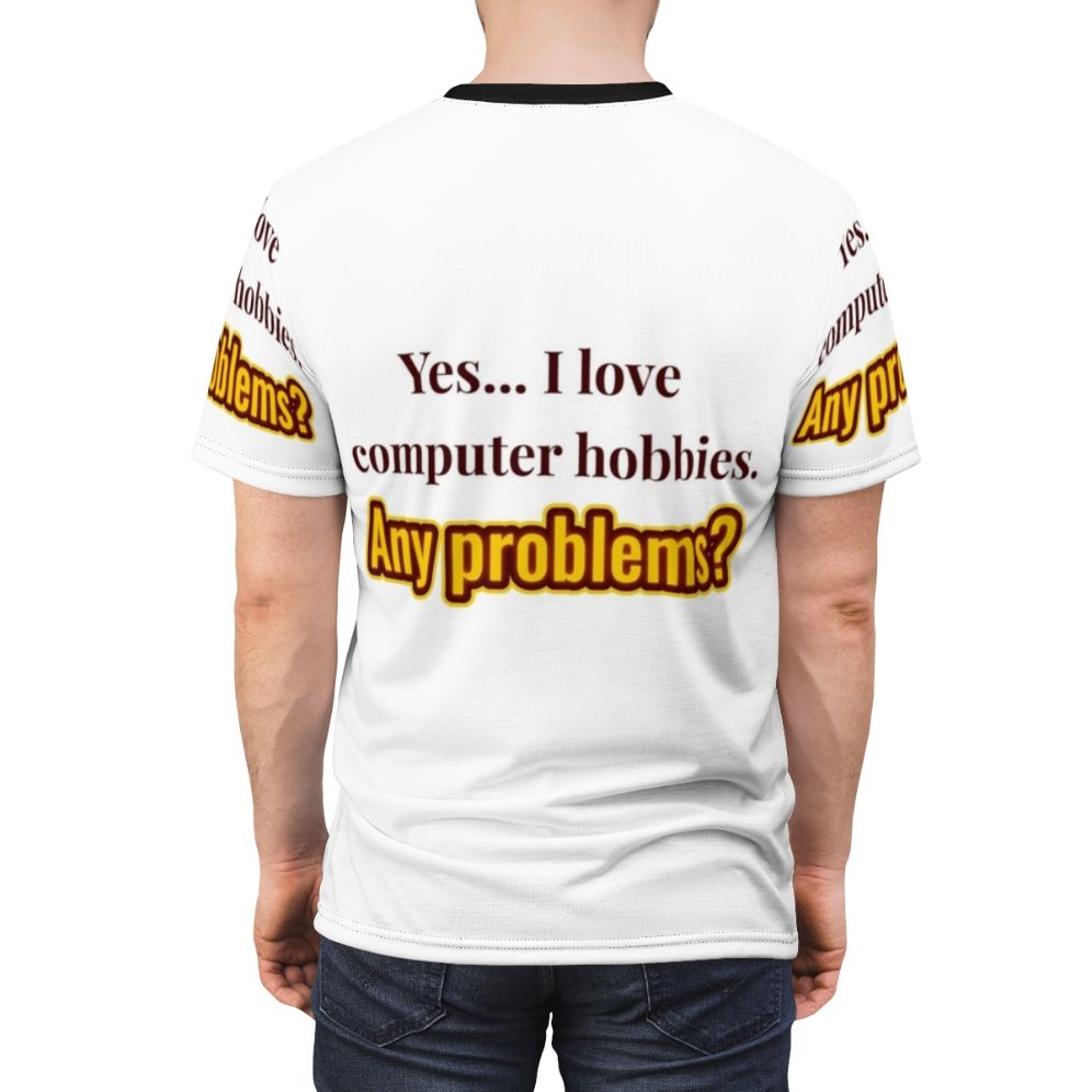 Person wearing a t-shirt with a computer hobbies design - men back