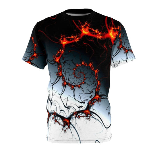 Mesmerizing abstract geometric digital t-shirt design with fiery fractal and spiral patterns