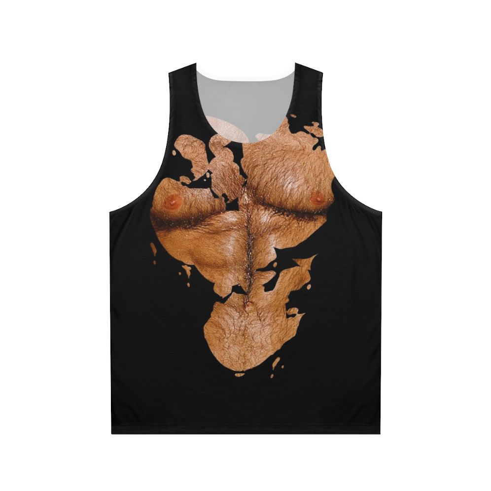 Muscular hairy chest man wearing a unisex fitness tank top