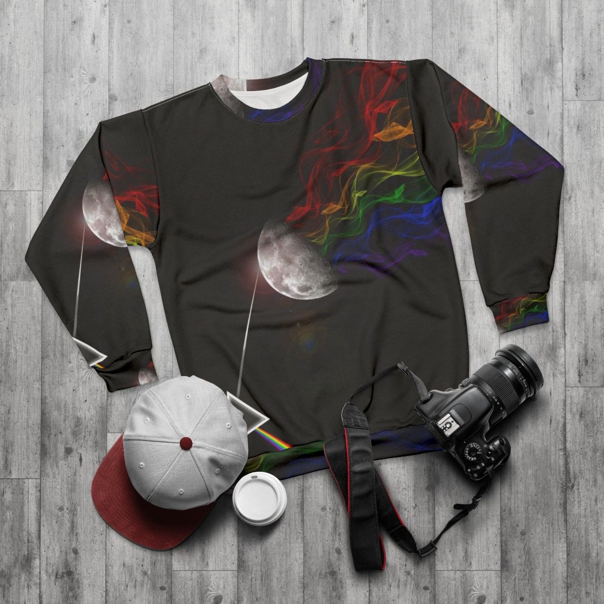 Dark Side of the Moon inspired Pink Floyd sweatshirt with abstract art - flat lay