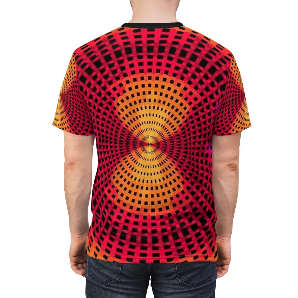 A t-shirt featuring a vibrant, concentric circle pattern in a modern, abstract design. - men back