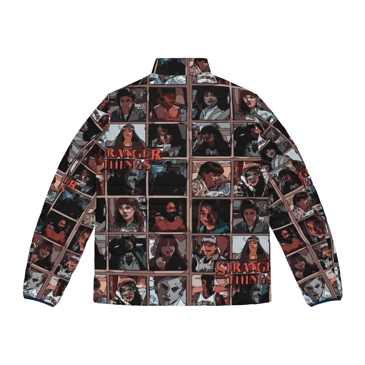 Stranger Things Fan Art Puffer Jacket with Eleven, Dustin, and Steve Harrington graphics - Back