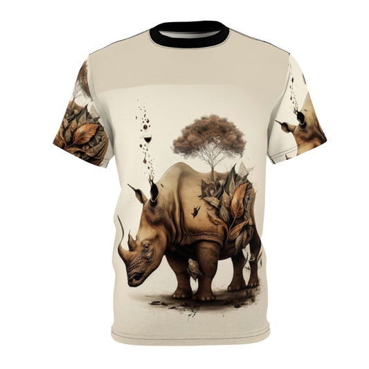 Artistic rhinoceros portrait surrounded by lush greenery and colorful flowers on a t-shirt design