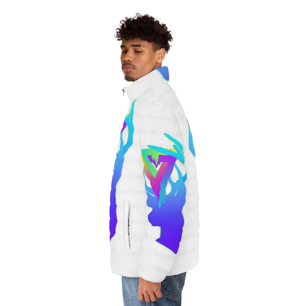 Neon deer print acrylic puffer jacket - men side left