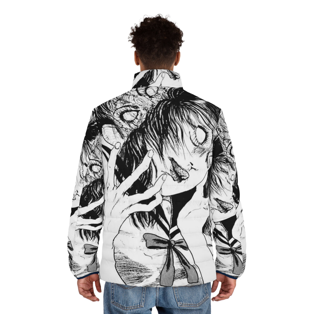 Monochrome puffer jacket with Junji Ito inspired horror manga design - men back