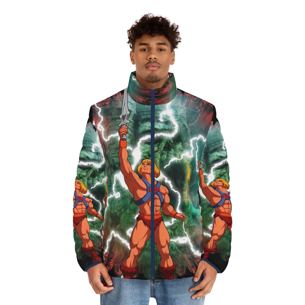 Retro art puffer jacket featuring He-Man and the Masters of the Universe characters - men front