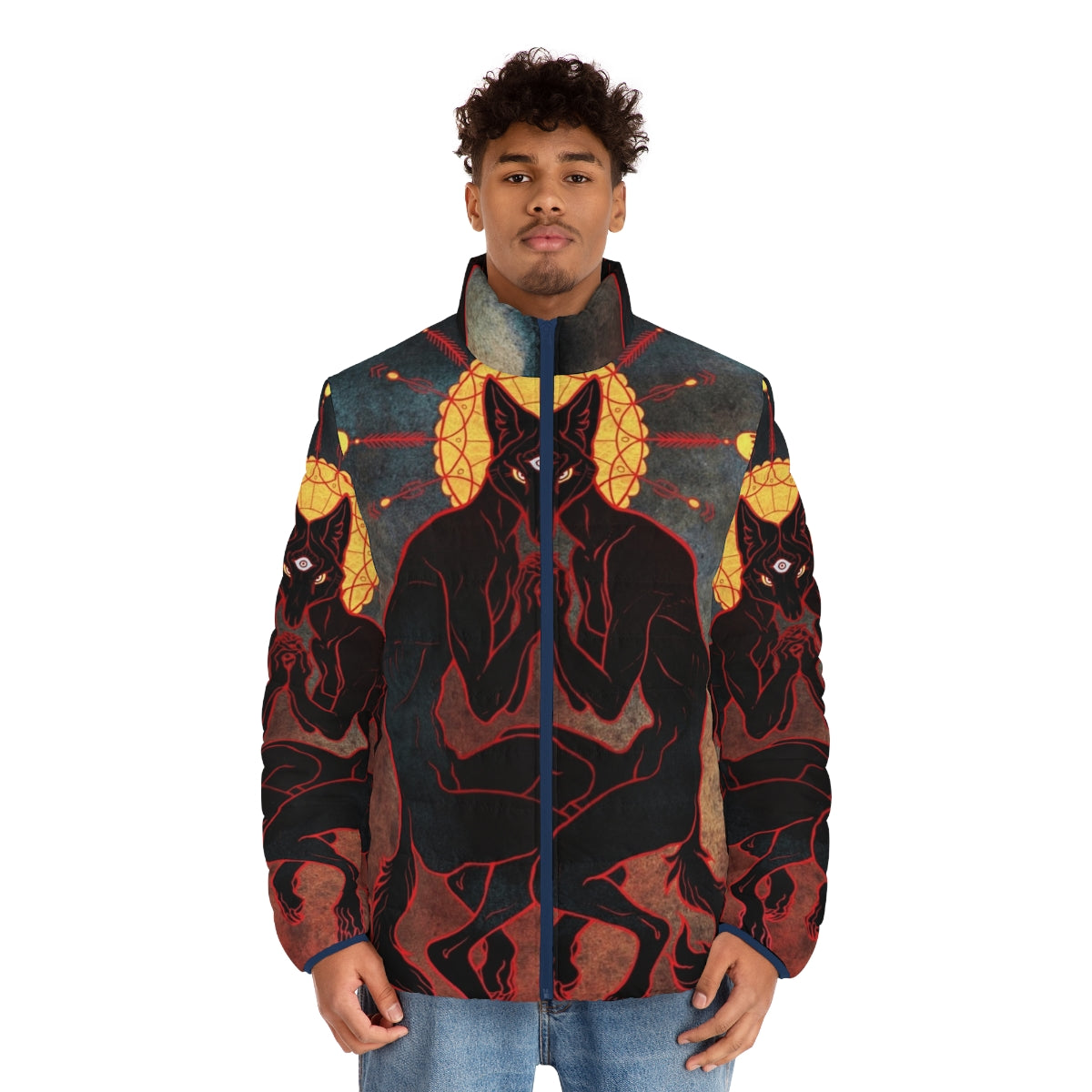 A trippy puffer jacket with a third eye design, representing shared consciousness and twin spirit. - men front