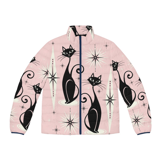 Retro atomic cat puffer jacket in warm pink with black cats and starbursts