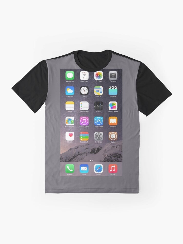 Minimalist iPhone Graphic T-Shirt with iOS Homescreen Design - Flat lay