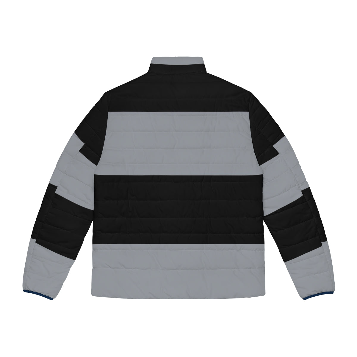 A black and grey horizontal striped puffer jacket, perfect for cold weather - Back