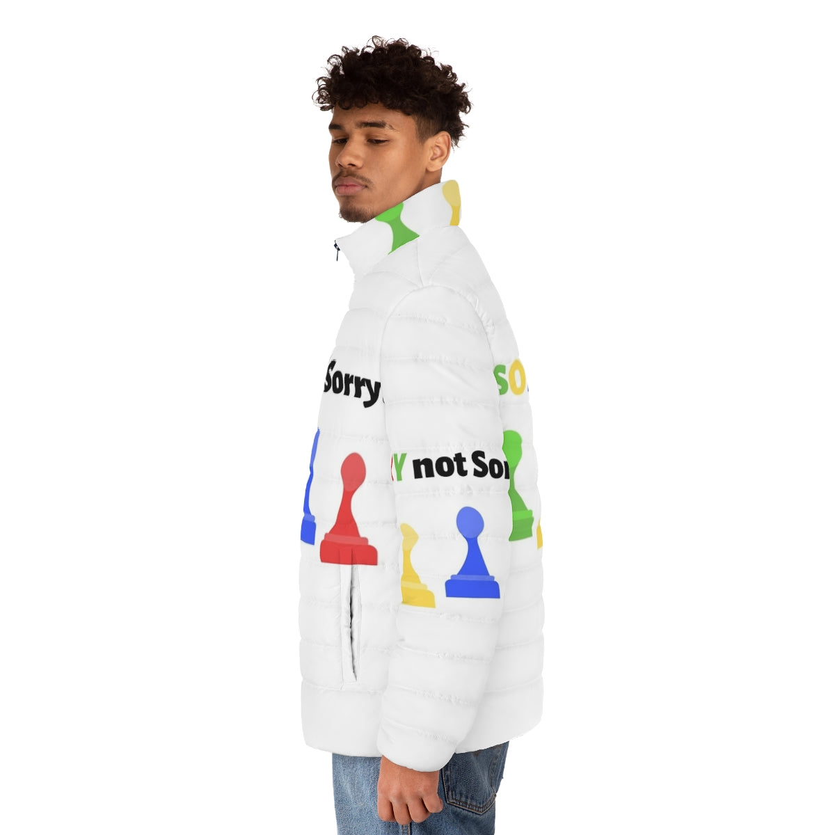 Sorry Not Sorry Puffer Jacket with vibrant board game inspired graphics - men side left