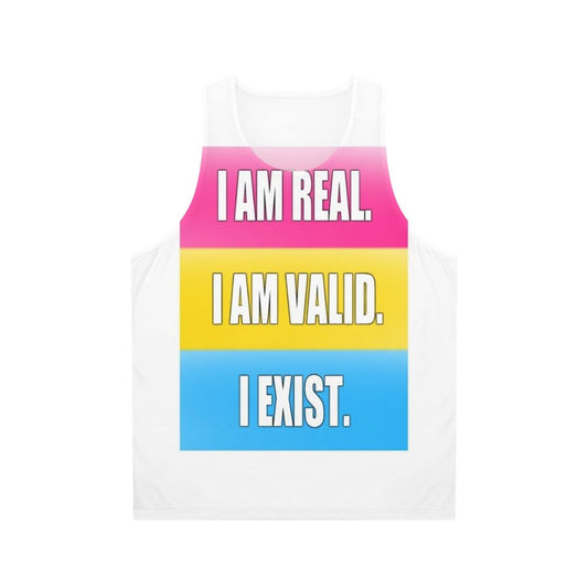 Pansexual pride unisex tank top with the text "I Am Real, I Am Valid, I Exist"