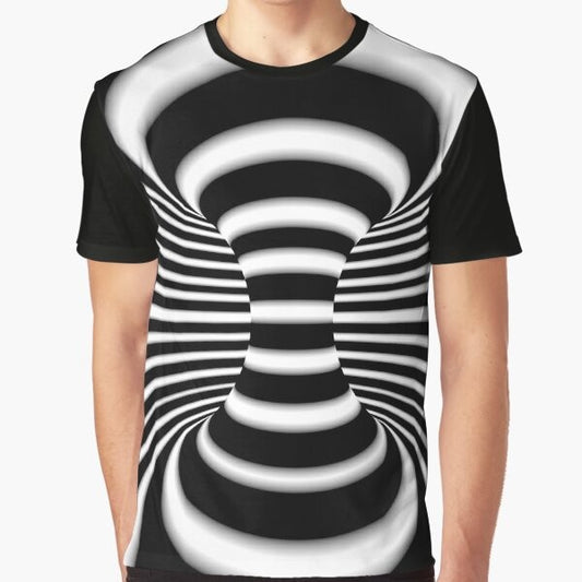 Black and white graphic t-shirt with an optical illusion wormhole design, featuring abstract curved lines and waves.