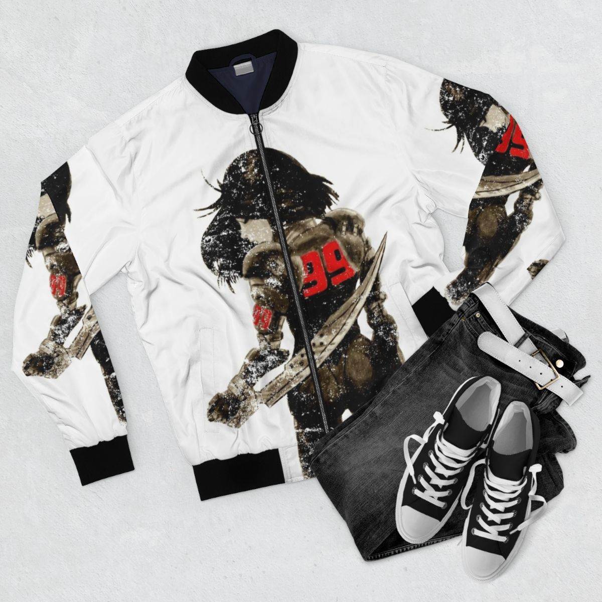 Alita: Battle Angel Distressed Bomber Jacket, featuring manga-inspired cyborg design - Flat lay