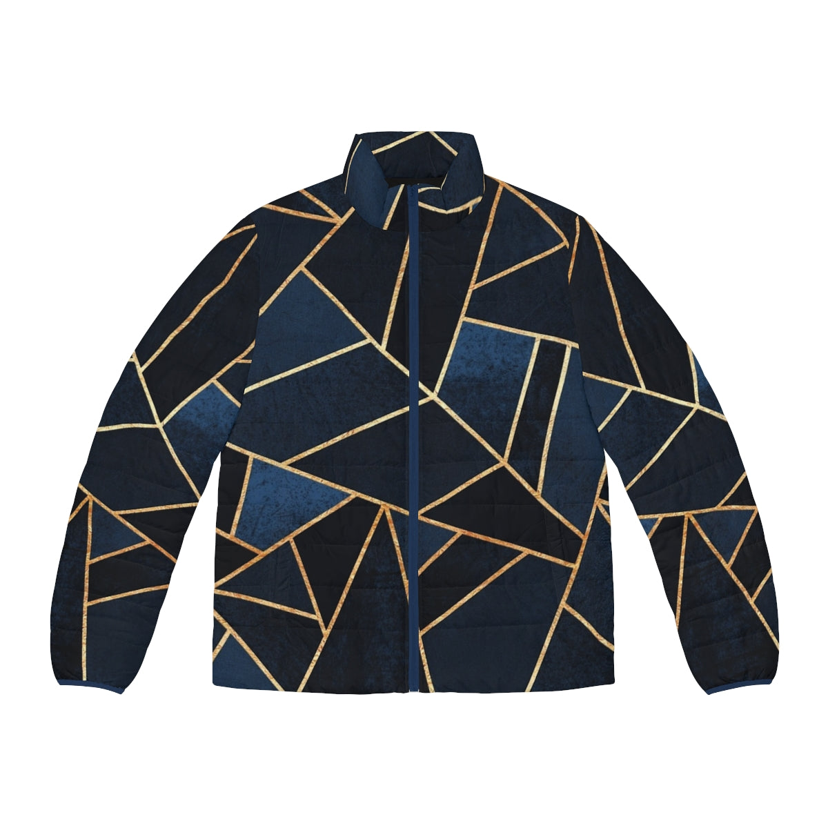 Navy puffer jacket with geometric mosaic design in stone and gold tones