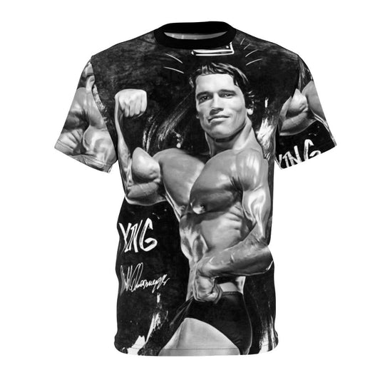 Muscular Arnold-inspired fitness t-shirt with graphic design