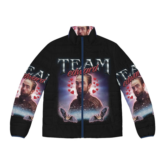 Team Edward Twilight Cursed Fan Collage Puffer Jacket with cheer, top gun, and aviation imagery