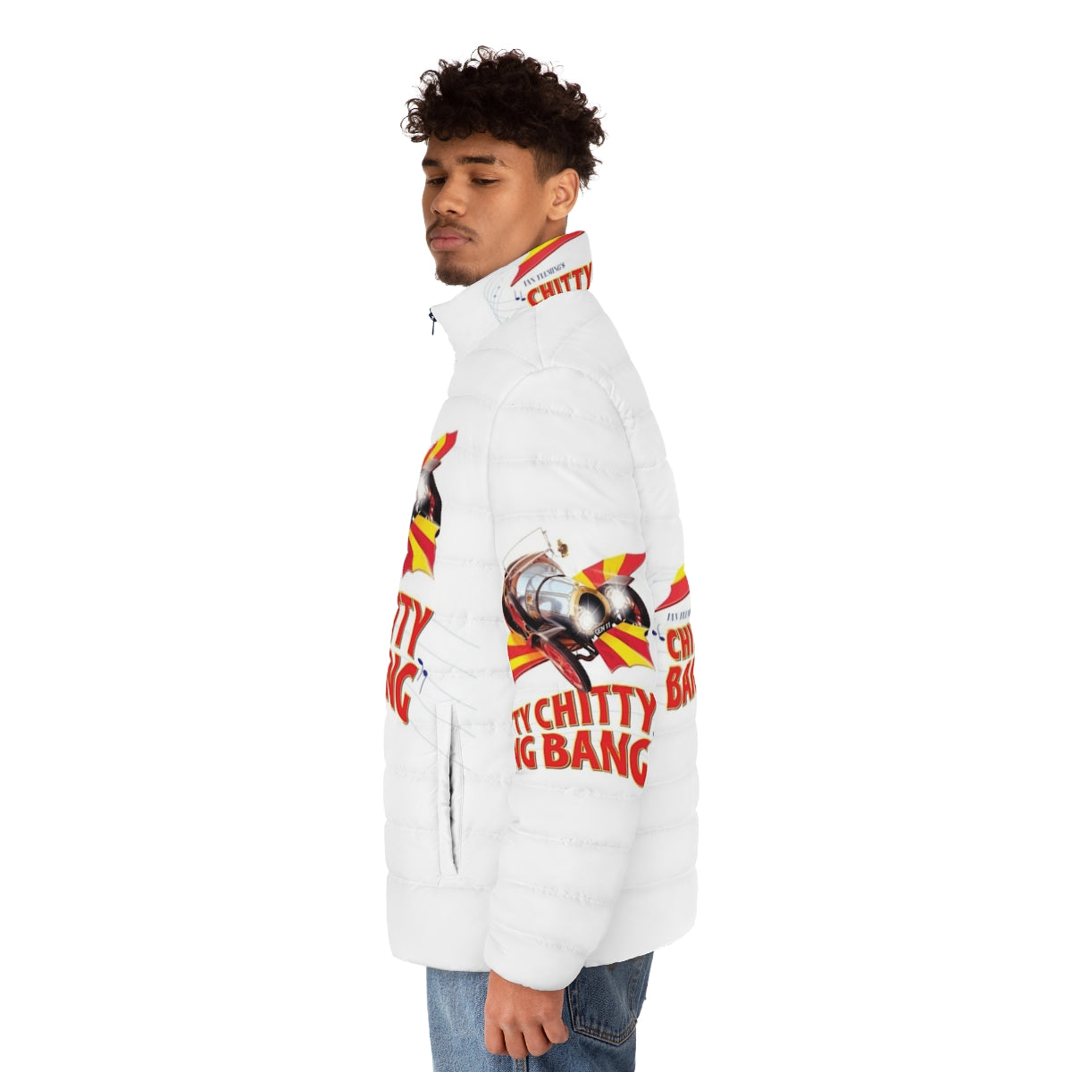 Chitty Chitty Bang Bang Puffer Jacket featuring the iconic car from the classic 60s/70s/80s musical film - men side left