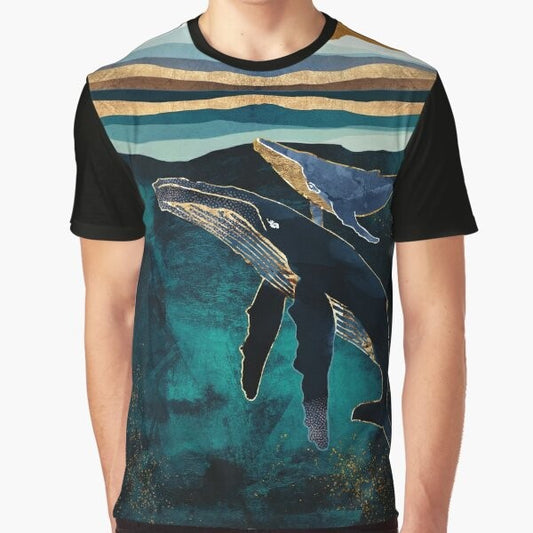 Graphic t-shirt featuring whales swimming under the moonlight in a nature-inspired design