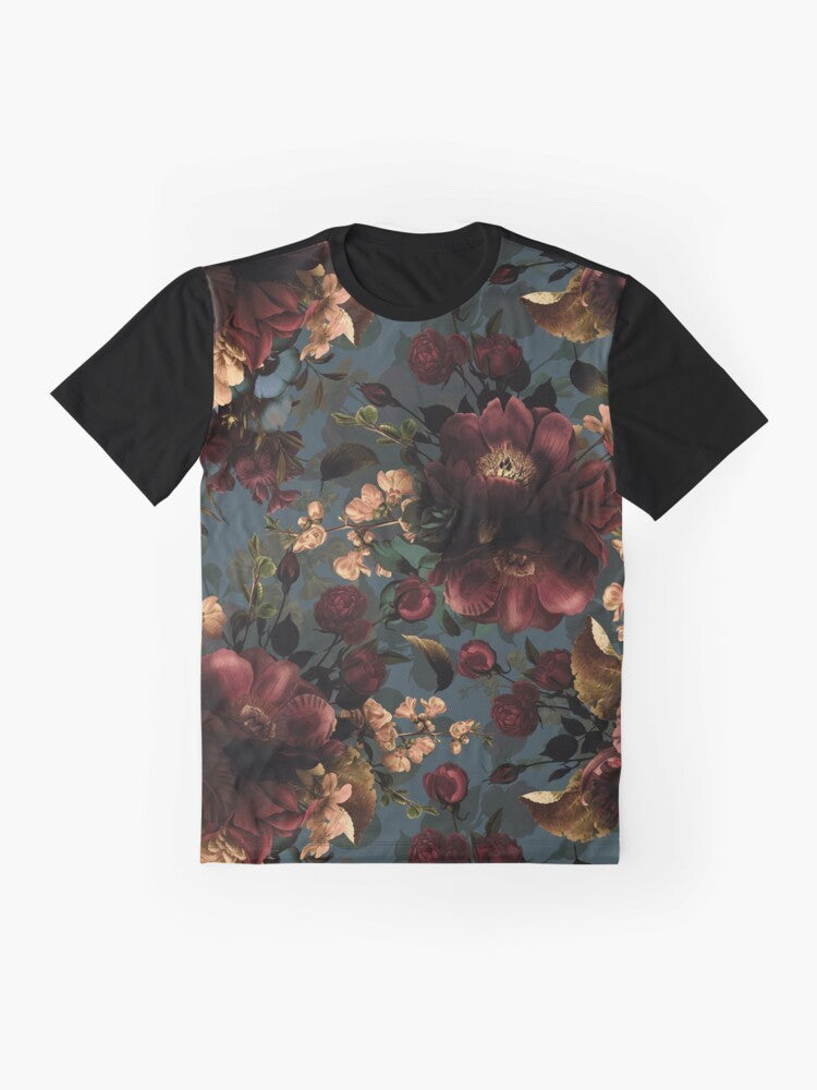 Mystic botanical night garden moody floral graphic design on t-shirt - Flat lay