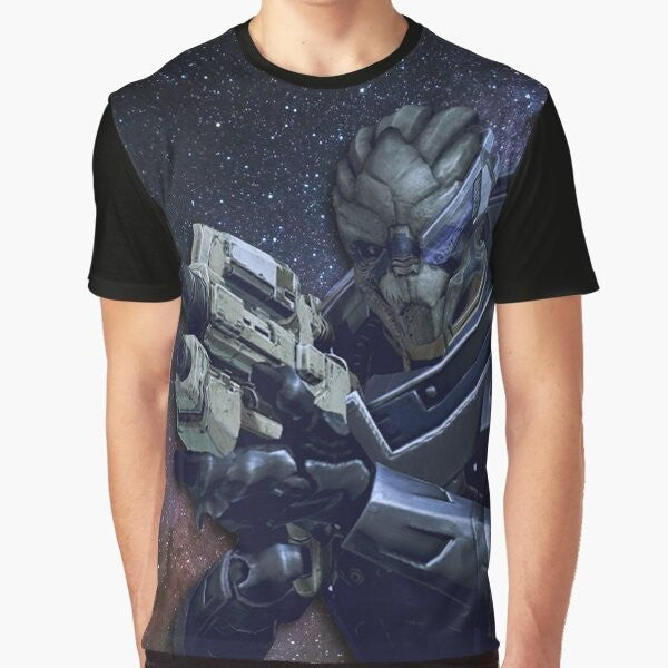 Mass Effect Garrus Vakarian Graphic T-Shirt featuring the character Garrus Vakarian, a turian sniper and ally in the Mass Effect video game series.