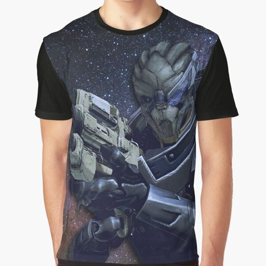 Mass Effect Garrus Vakarian Graphic T-Shirt featuring the character Garrus Vakarian, a turian sniper and ally in the Mass Effect video game series.