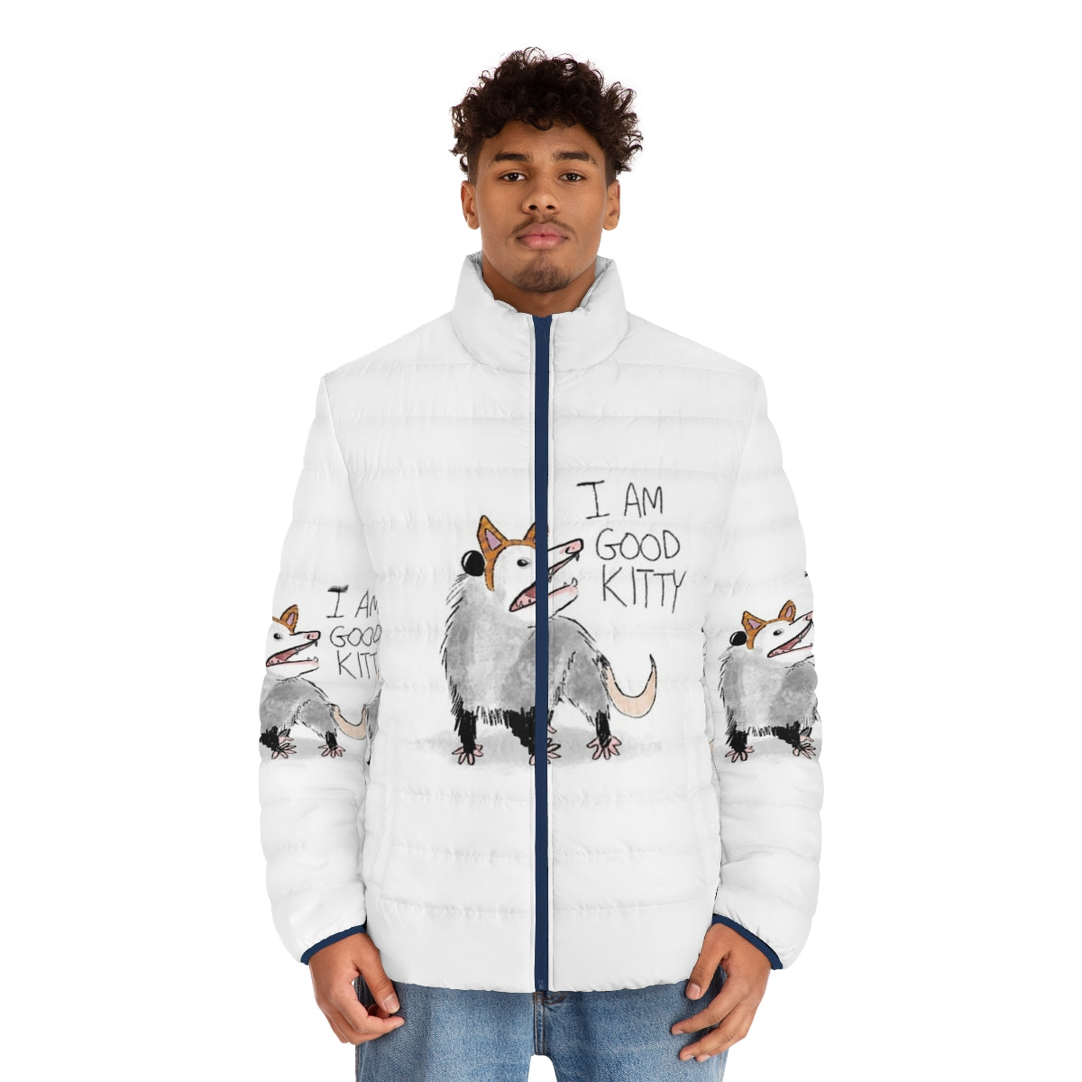 Puffer jacket with cute kitty design - men front