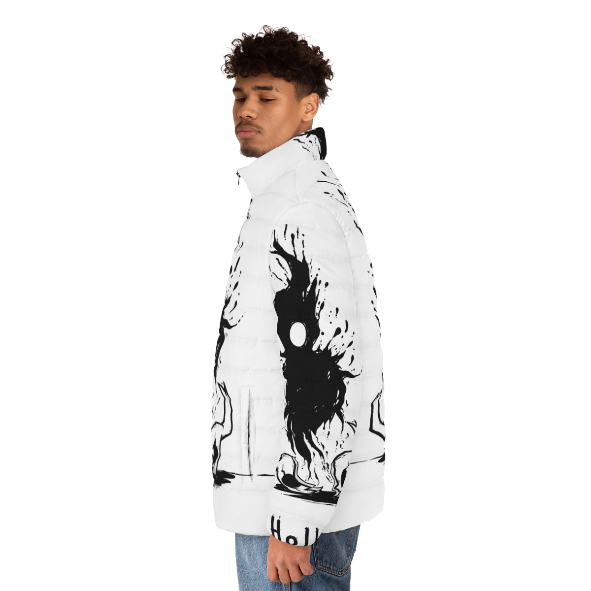 Hollow Knight inspired puffer jacket featuring the game's iconic hollow design - men side left