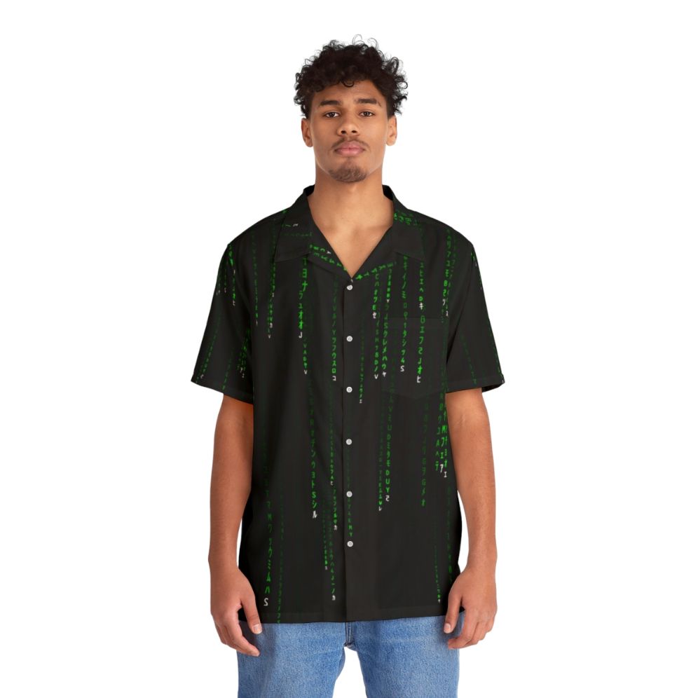 Matrix Green Hawaiian Shirt with Coded Pattern - People Front