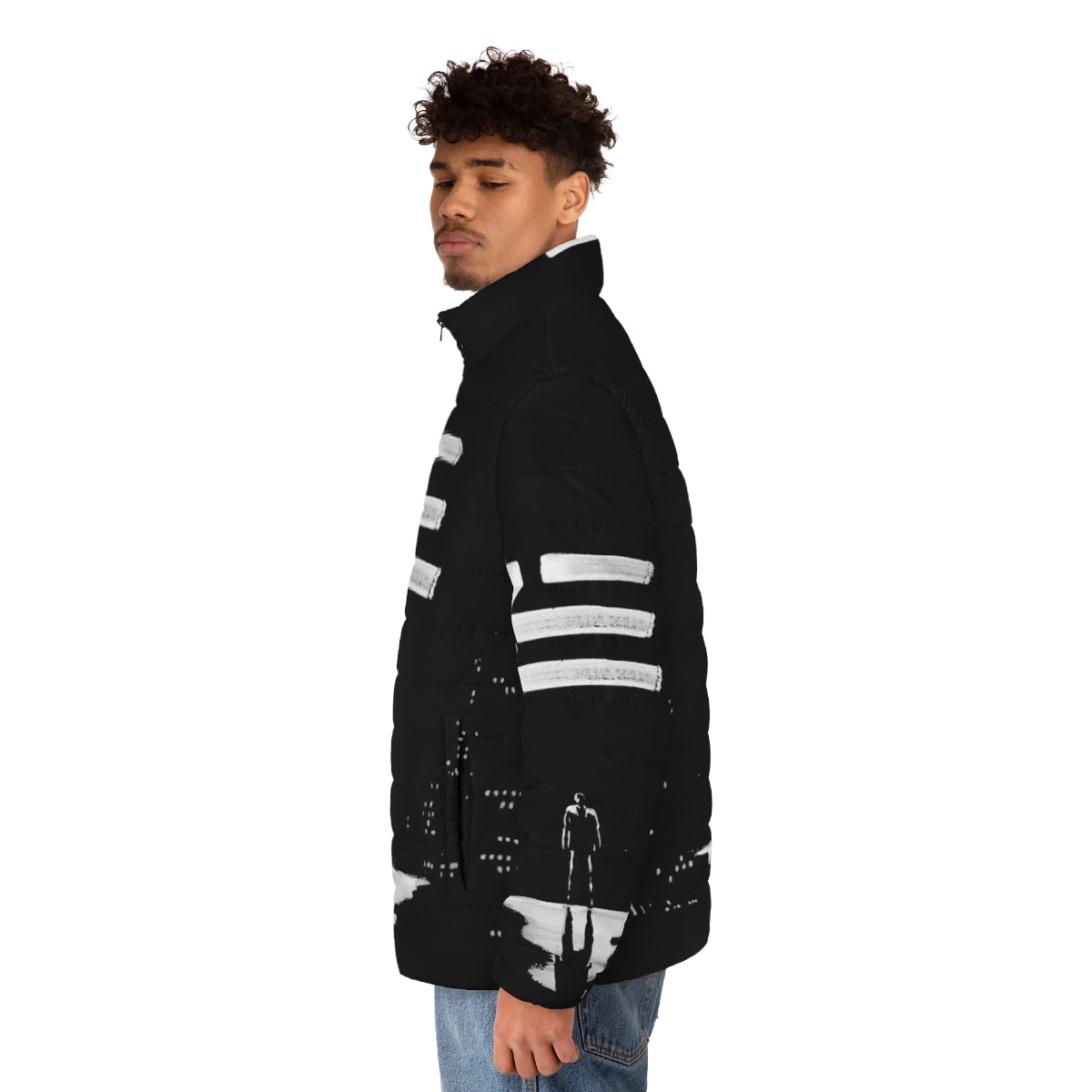 Zhu puffer jacket with electronic music and urban design elements - men side left