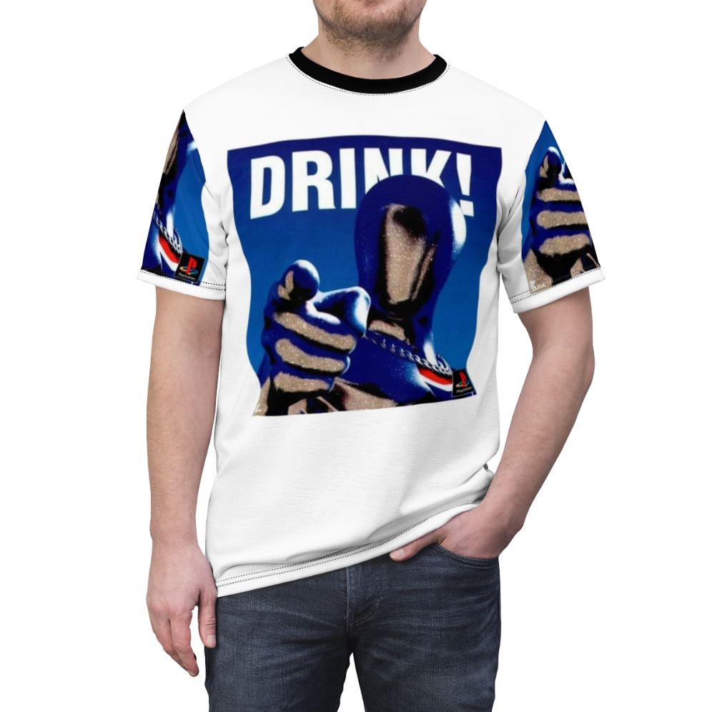 Retro gaming t-shirt featuring a vaporwave aesthetic and Pepsiman design - men front