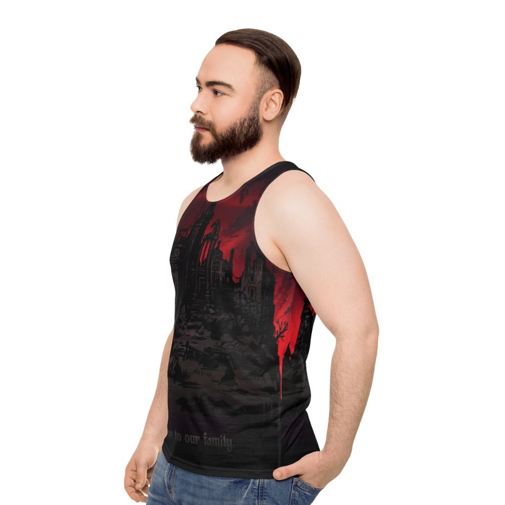 Gothic Lovecraft inspired unisex tank top with occult and dark fashion design - men side