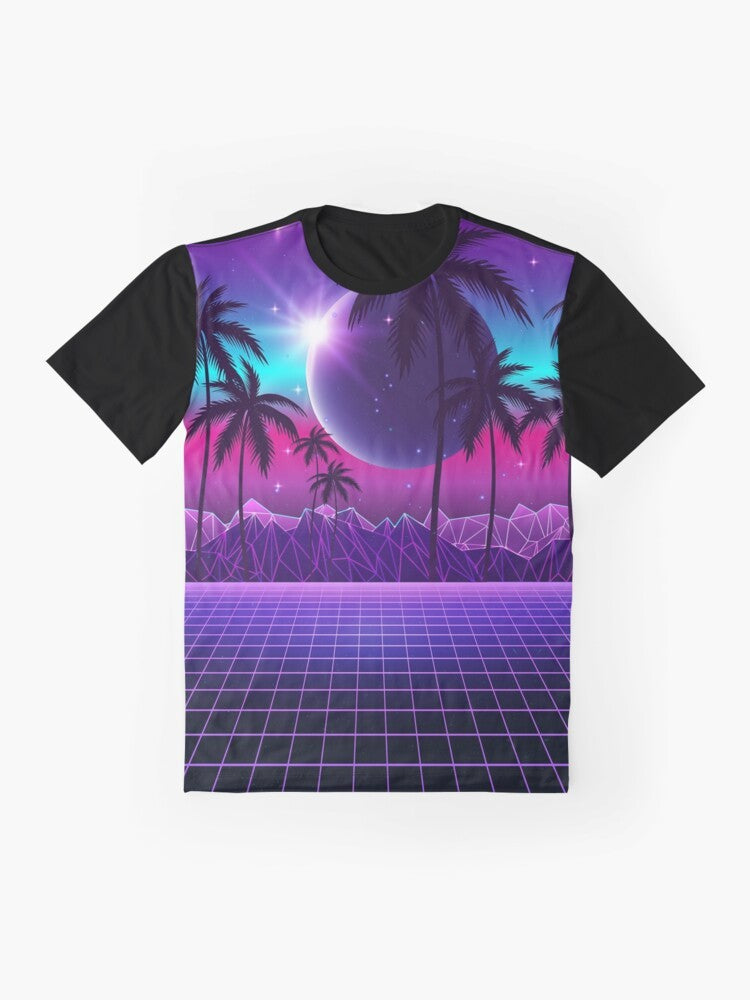 Retro futuristic Twilight Synthwave graphic t-shirt with neon colors and a dreamy, aesthetic design. - Flat lay