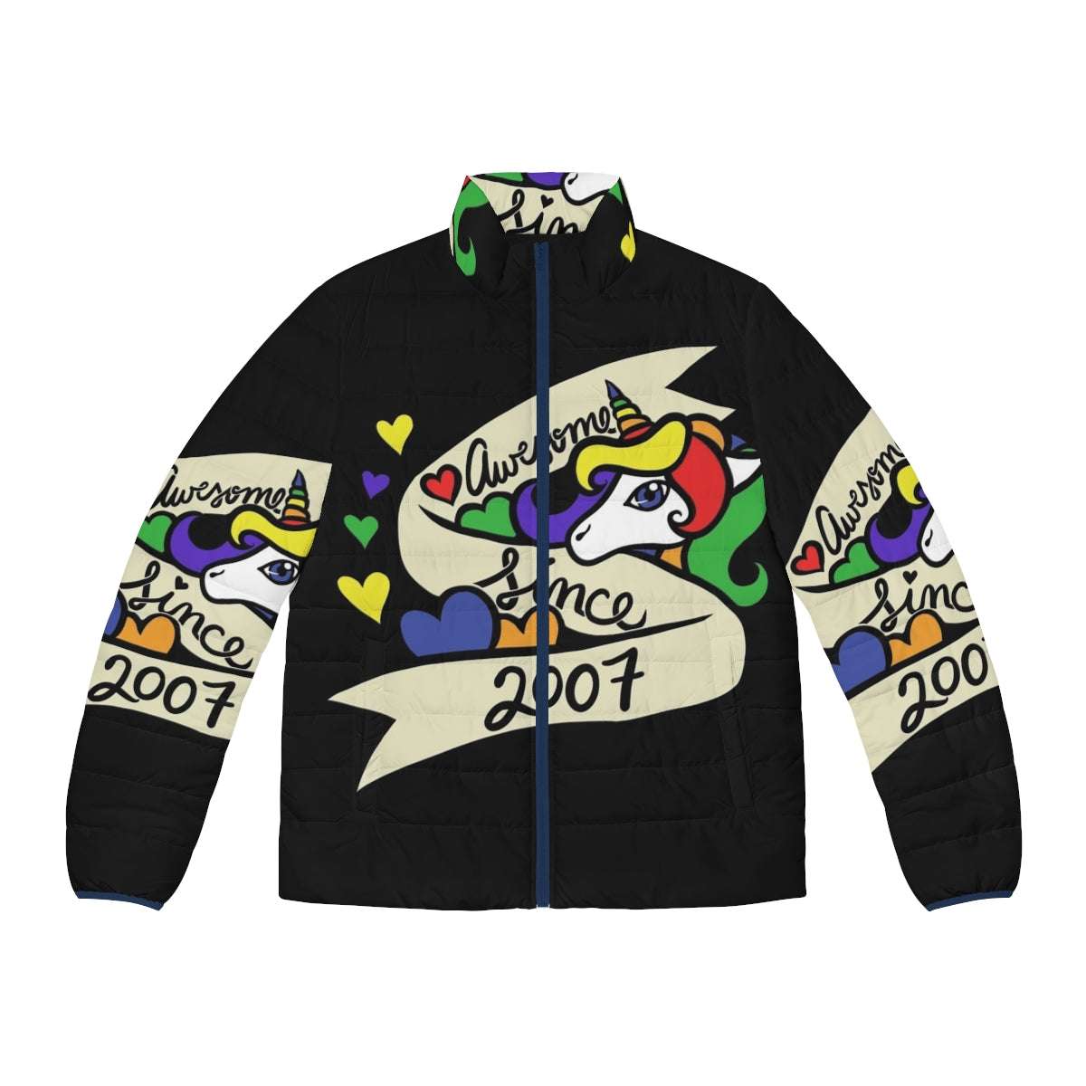 Awesome Since 2007 Puffer Jacket featuring a unicorn design