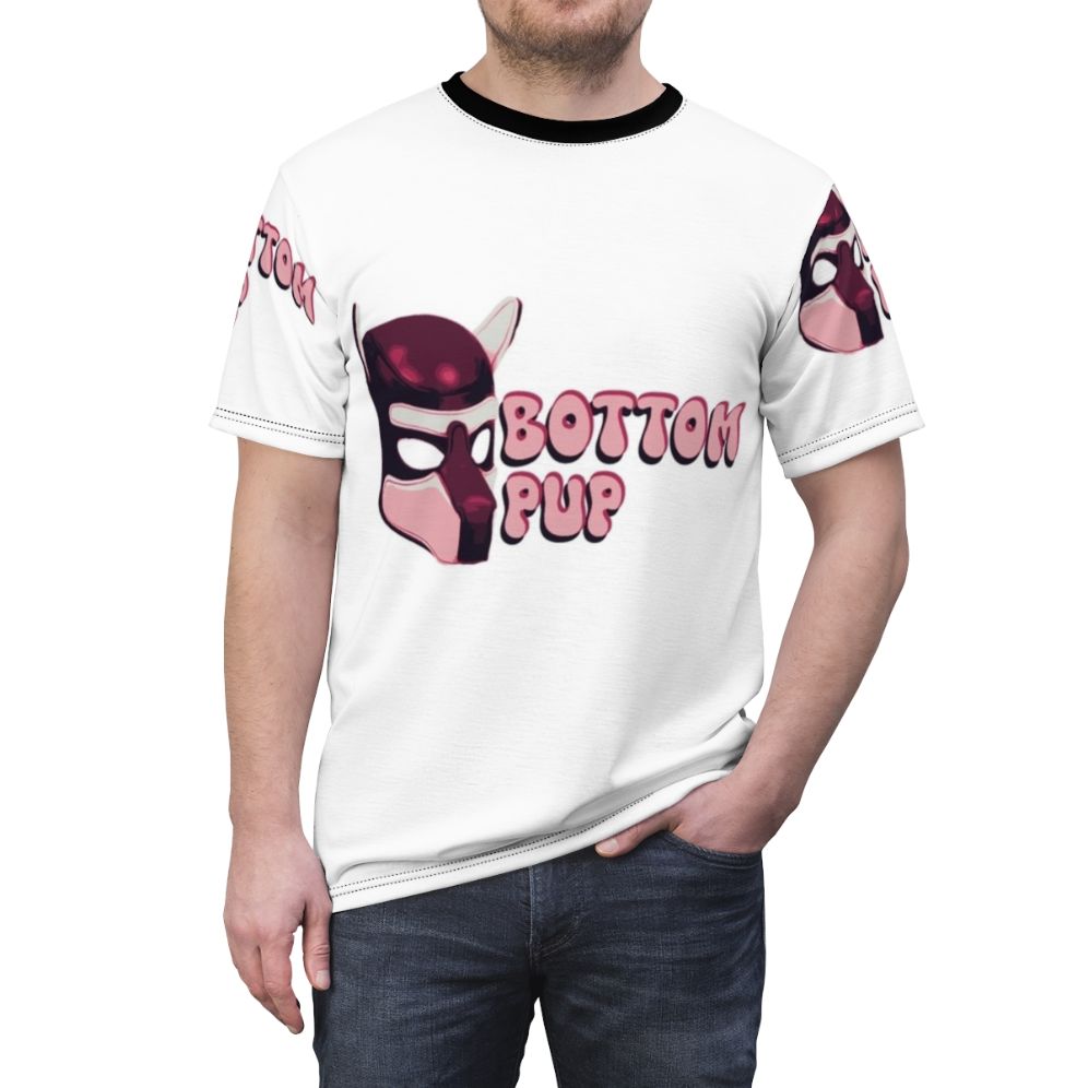 Model wearing a red dog mask printed on a high-quality t-shirt, perfect for puppy play and BDSM enthusiasts - men front