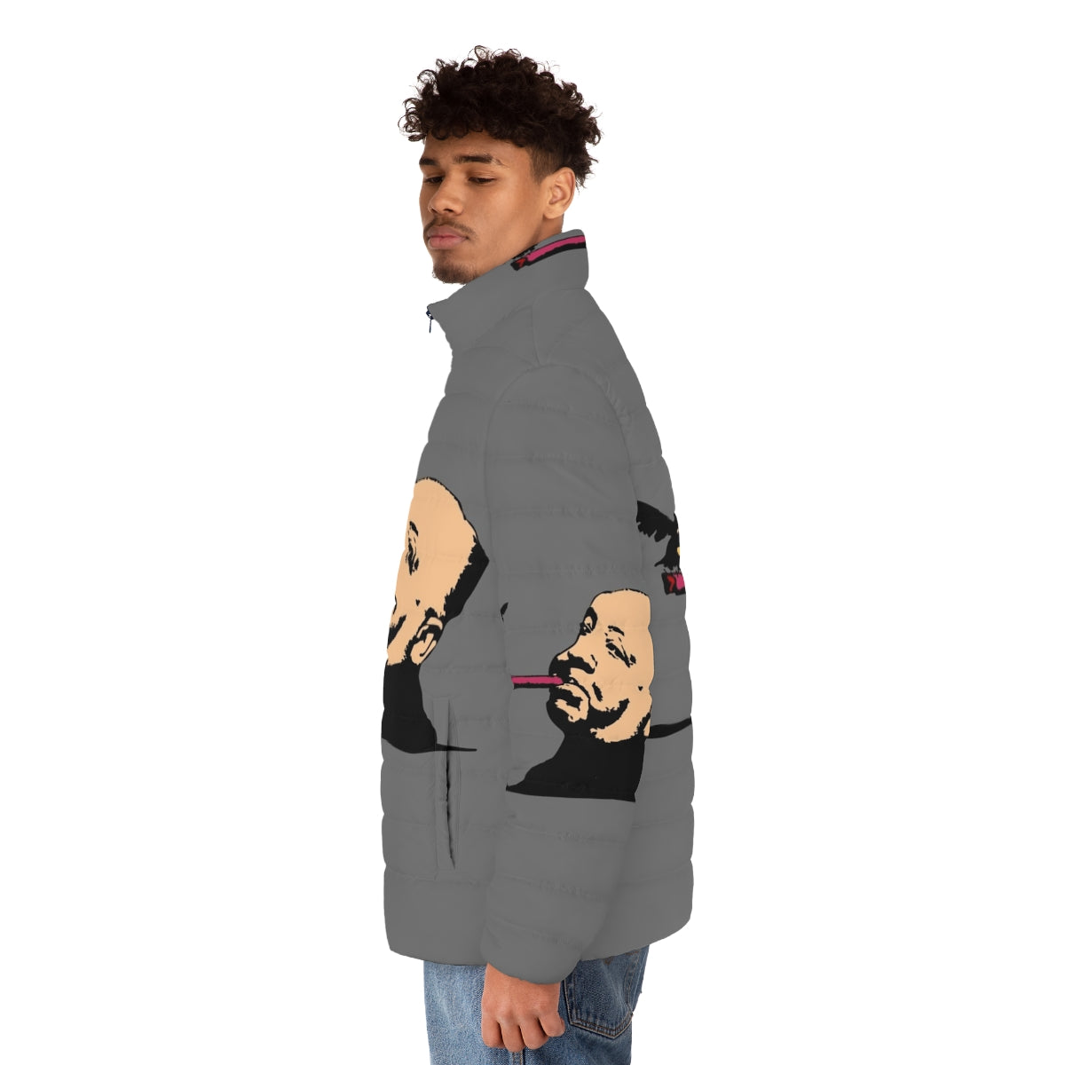 Alfred Hitchcock inspired puffer jacket with bold bird and cigar design - men side left