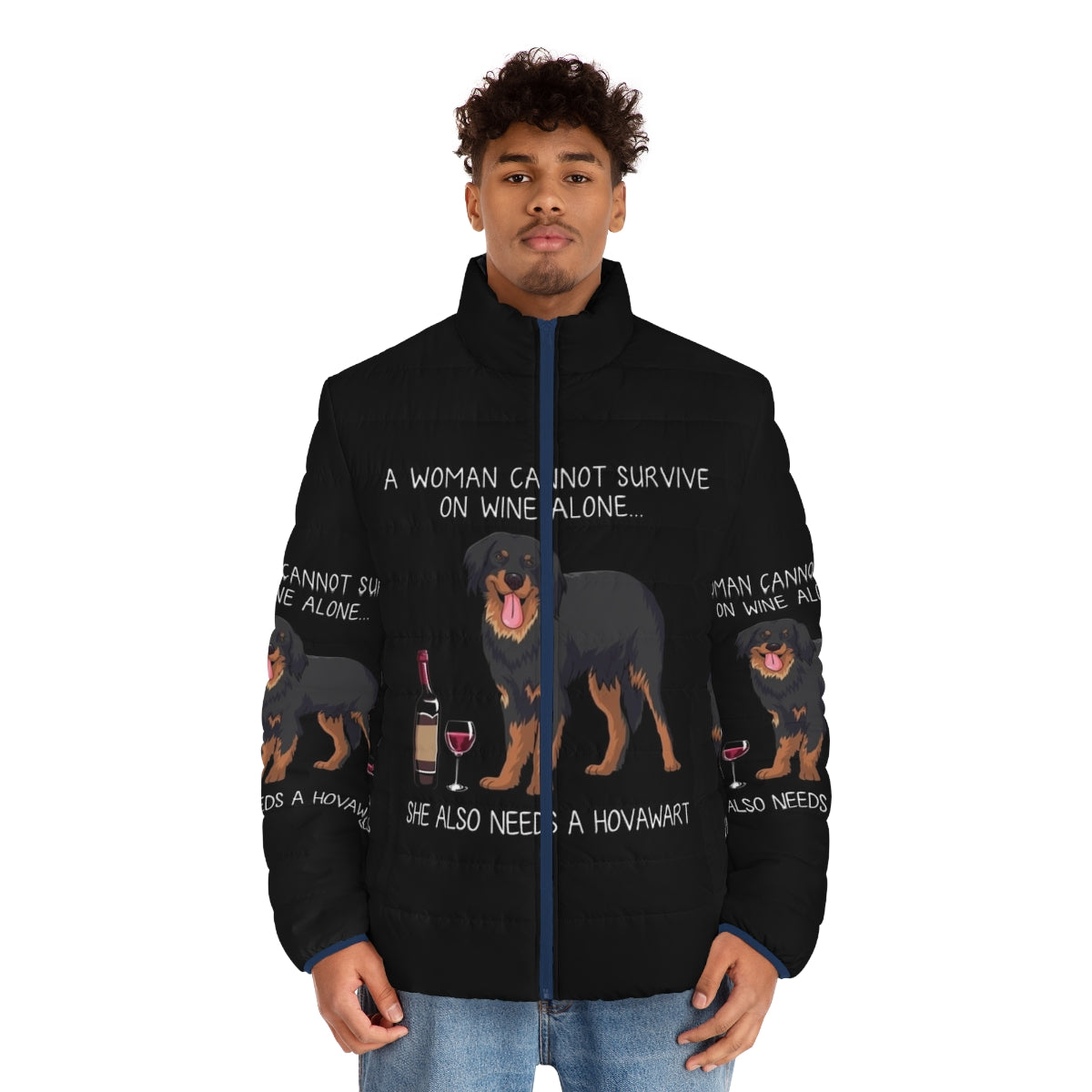 Hovawart dog wearing a puffer jacket with a funny dog and wine design - men front