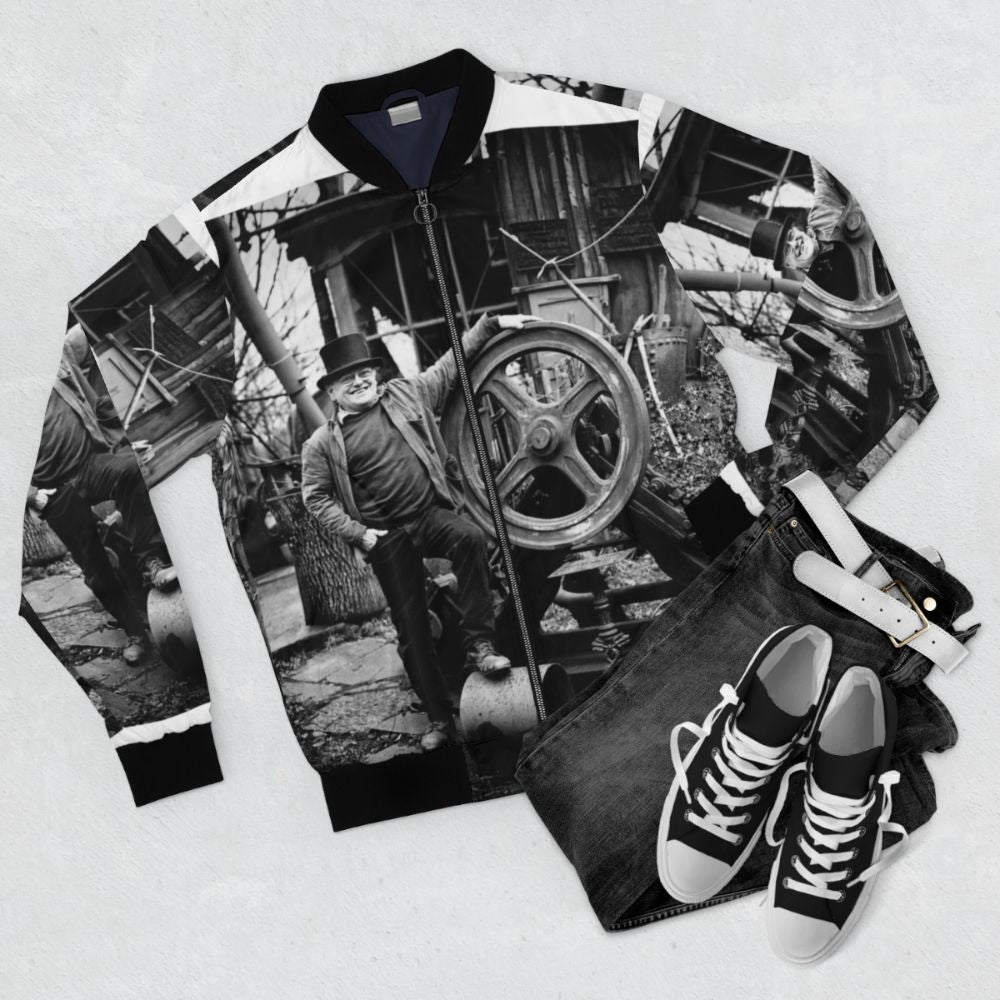 Fred Dibnah Steeplejack Bomber Jacket with Industrial and Victorian Influences - Flat lay