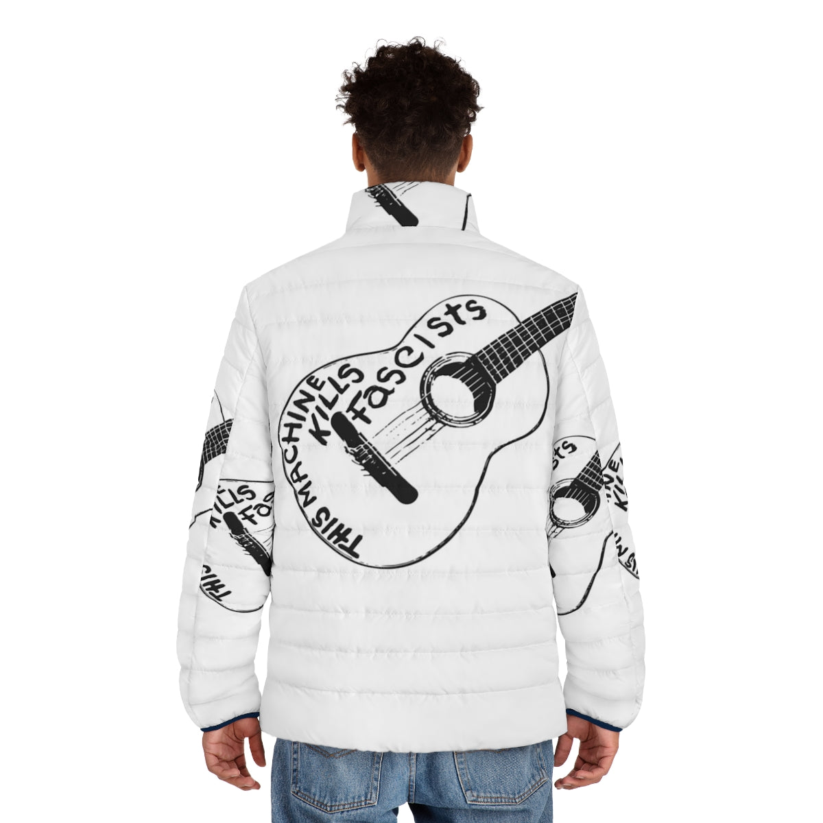 Woody Guthrie inspired "This Machine Kills Fascists" puffer jacket - men back