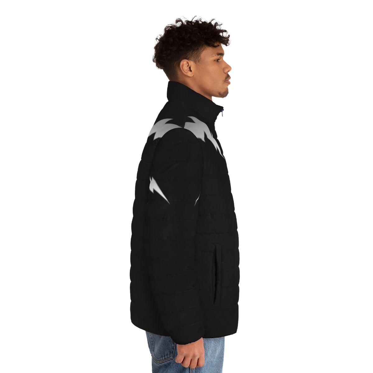 A silver puffer jacket with a lightning bolt design, representing the power and energy of electricity. - men side right