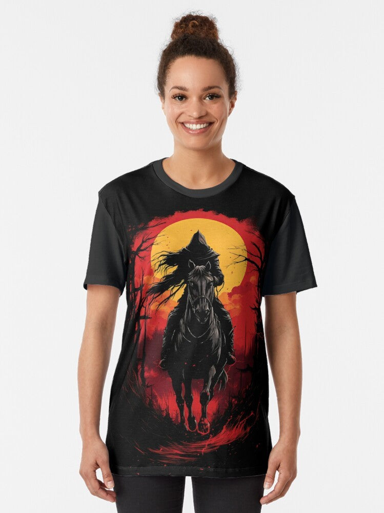 Spooky horseman graphic t-shirt with a dark, Halloween-themed design - Women